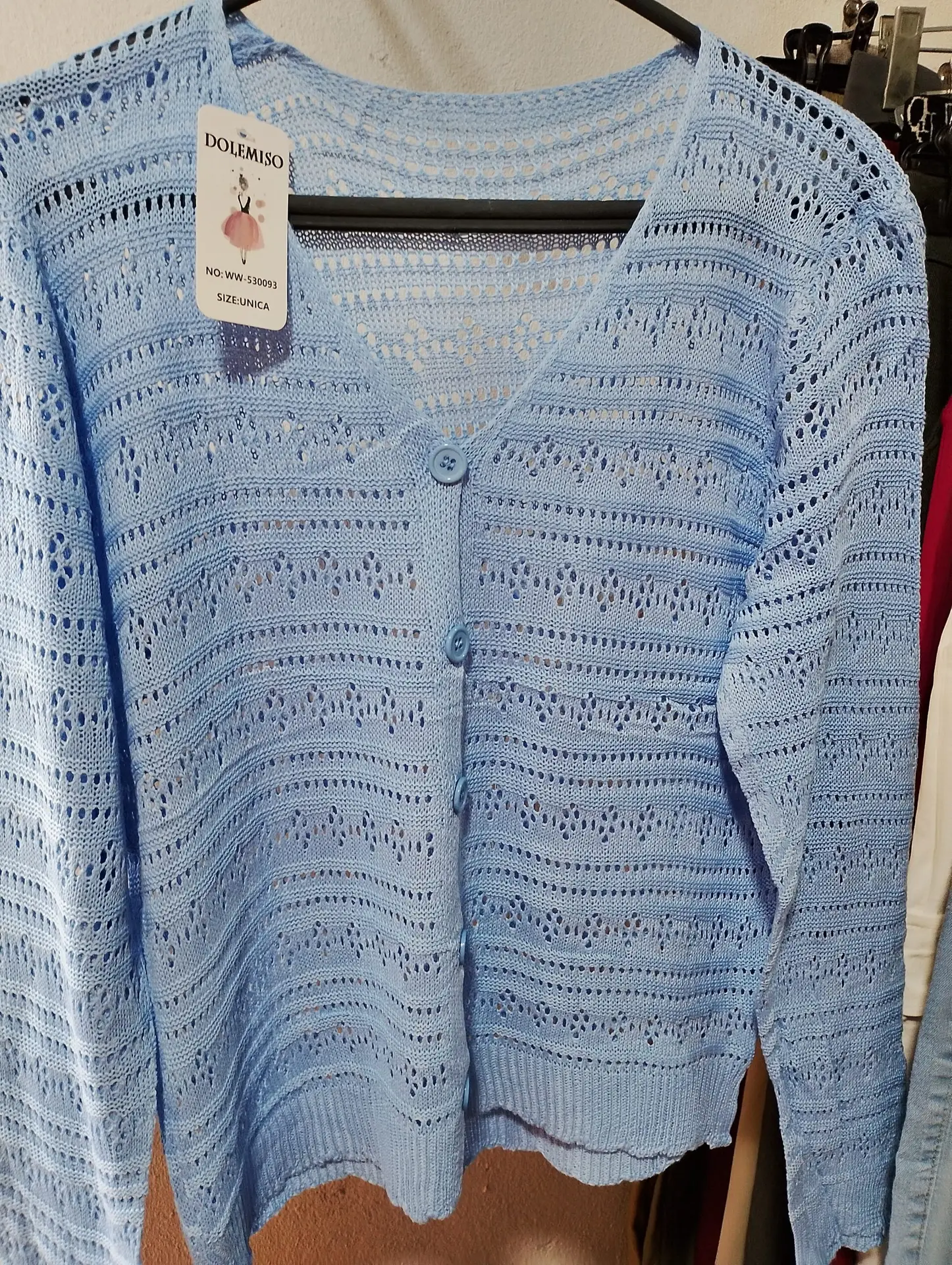 Saco cárdigan de hilo calado con botones - Celeste pastel