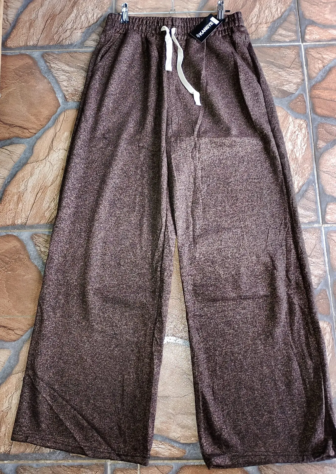 Pantalón Palazzo de Lanilla Elastizada con Cordón - Marrón Melange